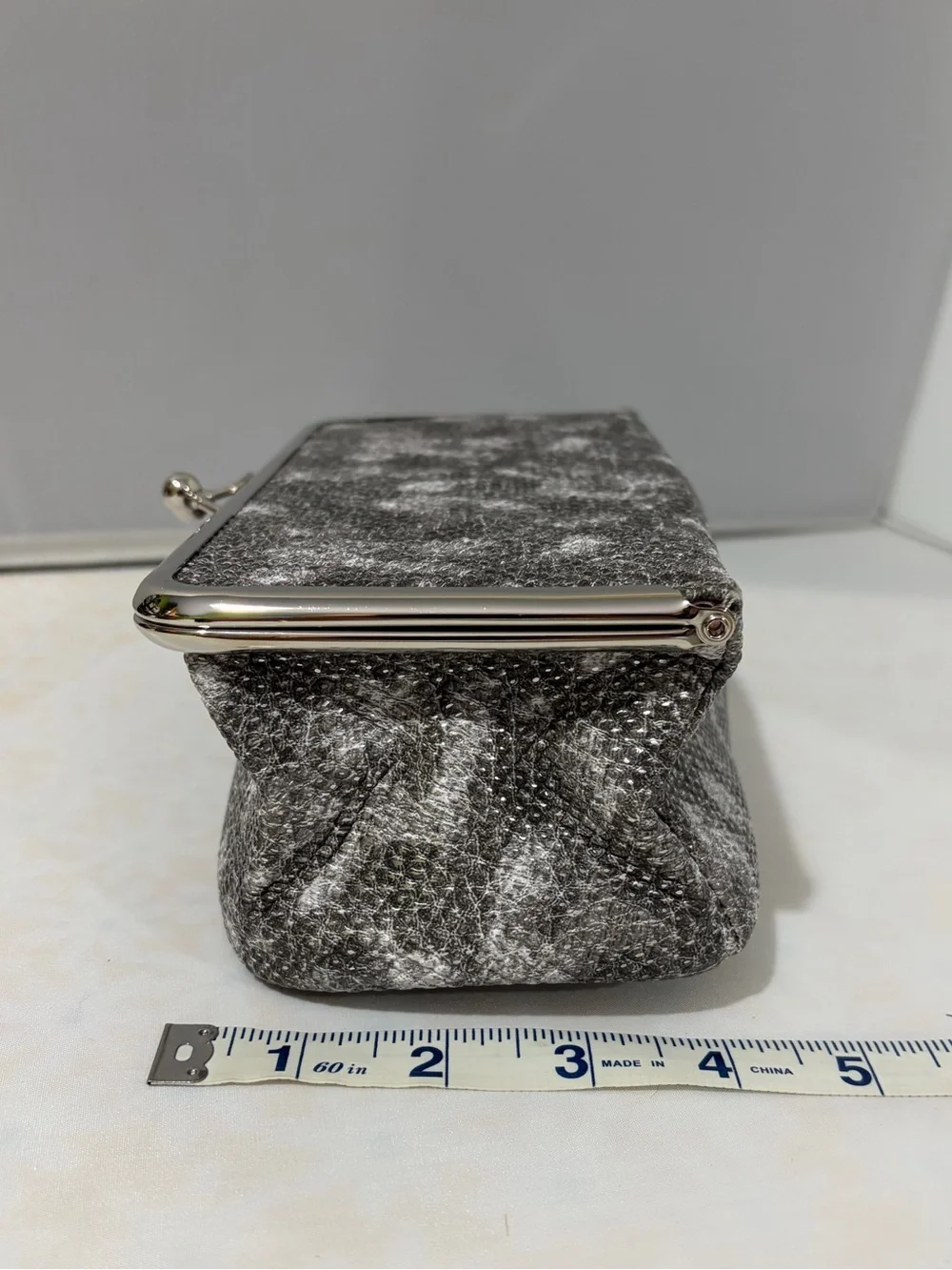 Elegant Gray Faux Snakeskin Cosmetic Case with Silver Frame